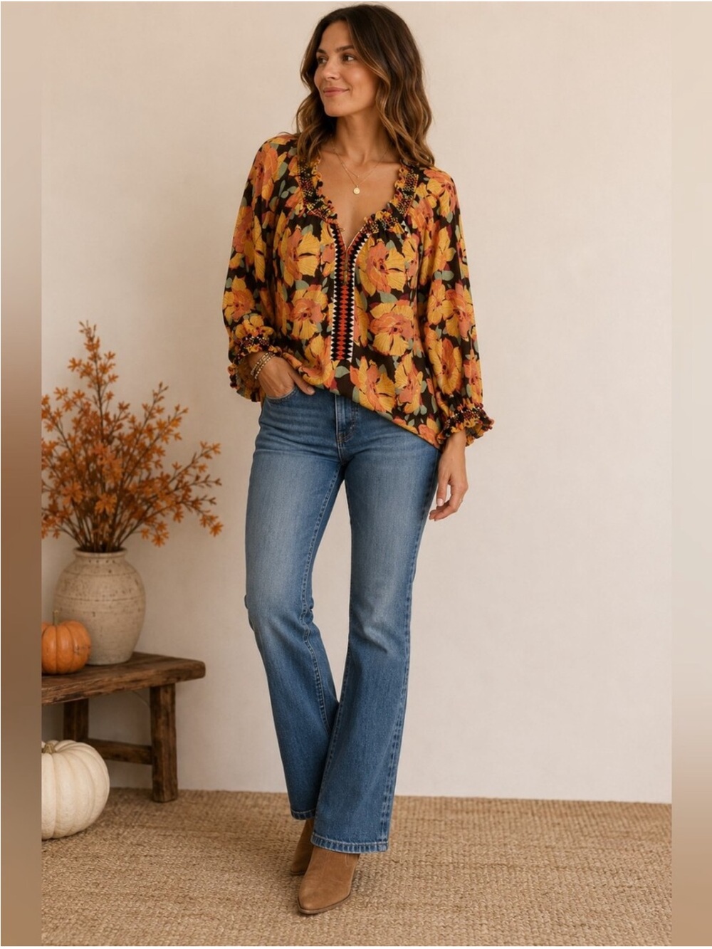 Sundance Hibiscus Bloom Floral Blouse 100% Cotton Small
